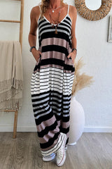 Multicolour Mixed Stripes Spaghetti Straps V Neck Maxi Dress Dresses JT's Designer Fashion