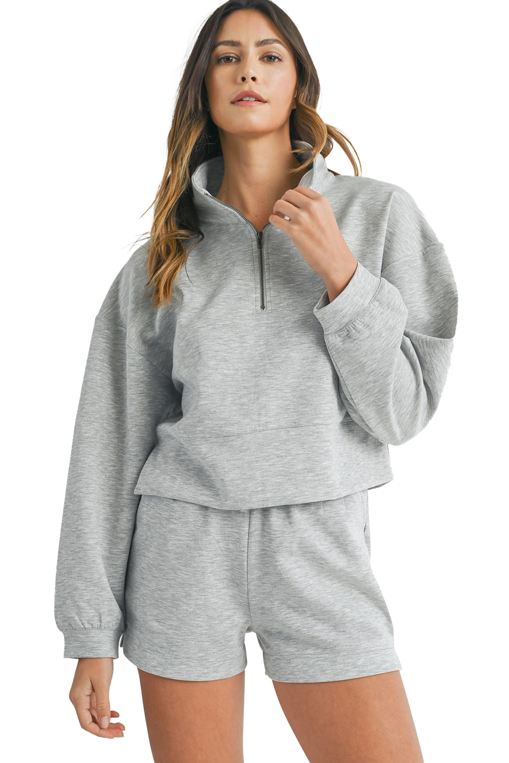 Light Grey Stand Neck Zipped Sweatshirt and Shorts Set Short Sets JT's Designer Fashion