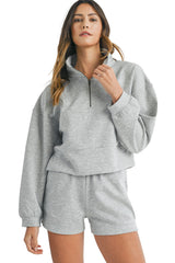 Light Grey Stand Neck Zipped Sweatshirt and Shorts Set Short Sets JT's Designer Fashion