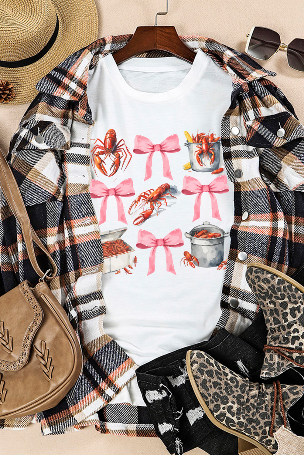 White Crawfish Boil Bow Graphic Crewneck Tee Graphic Tees JT's Designer Fashion