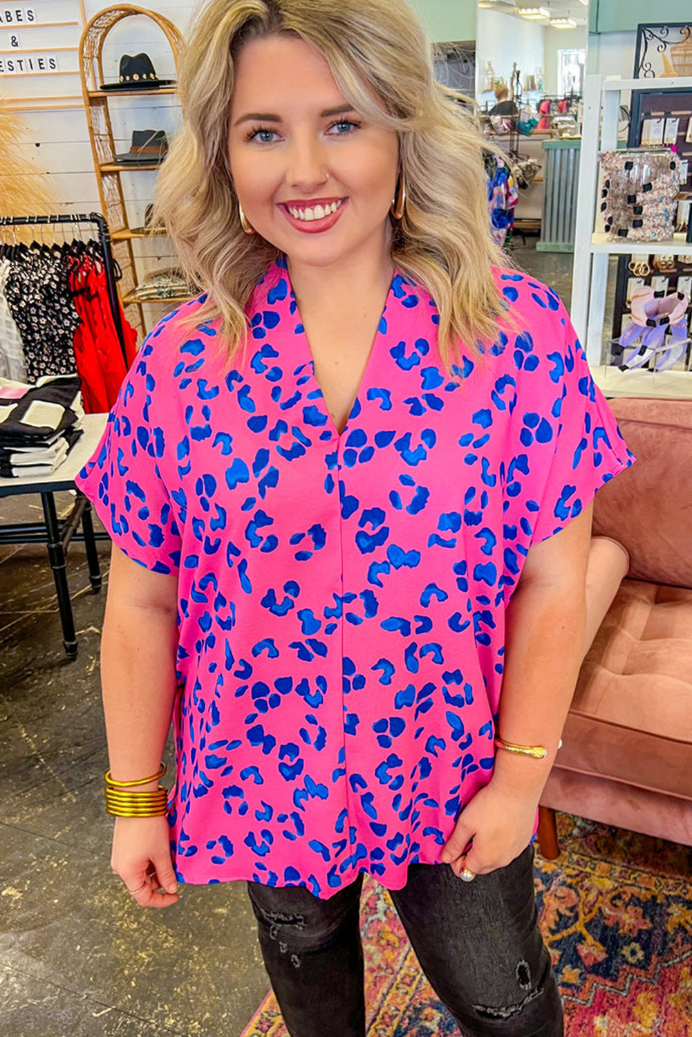 Rose Contrast Leopard Print Plus Size V Neck Blouse Plus Size JT's Designer Fashion