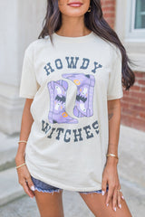 White HOWDY WITCHES Halloween Boots Crewneck T Shirt Graphic Tees JT's Designer Fashion