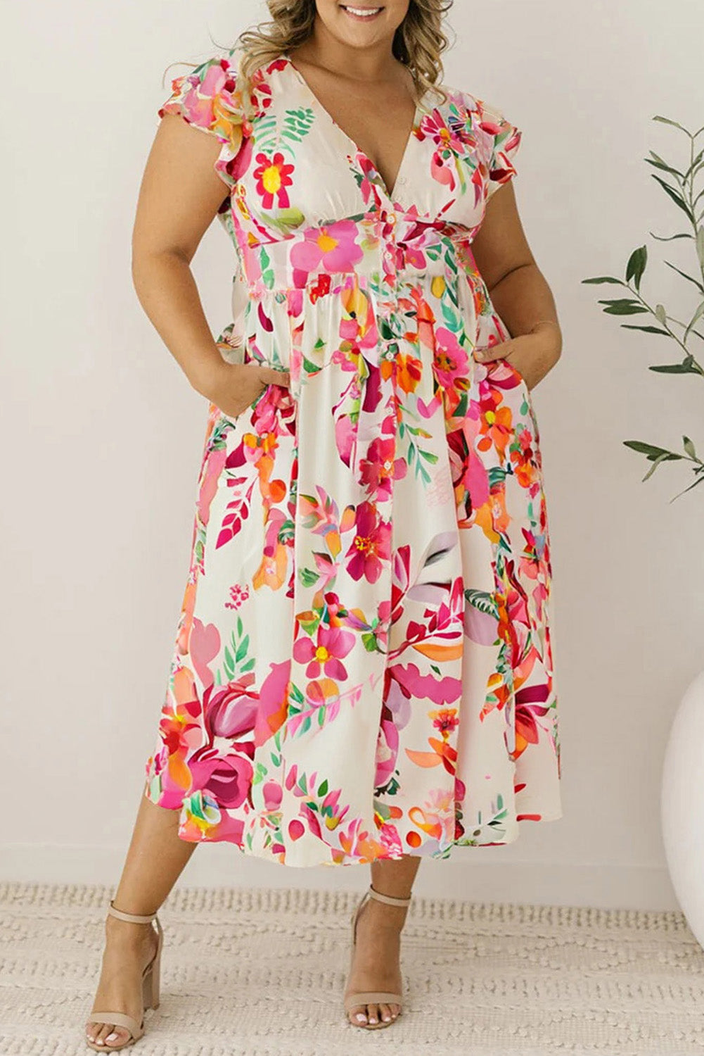 Pink Floral Print V Neck Ruffle Sleeve Plus Size Midi Dress Pink 100%Polyester Plus Size Midi Dresses JT's Designer Fashion
