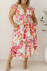 Pink Floral Print V Neck Ruffle Sleeve Plus Size Midi Dress Pink 100%Polyester Plus Size Midi Dresses JT's Designer Fashion