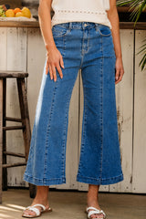 Dark Blue Plain Seam Detail Flared Bottom Ankle Length Jeans Jeans JT's Designer Fashion