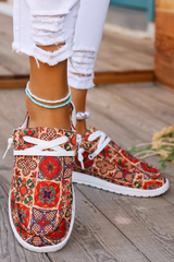 Fiery Red Western Printed Lacing Flat Slip On Shoes Women's Shoes JT's Designer Fashion