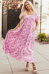 Pink Dainty Floral Smocked Puff Sleeve Flowy Long Dress Maxi Dresses JT's Designer Fashion