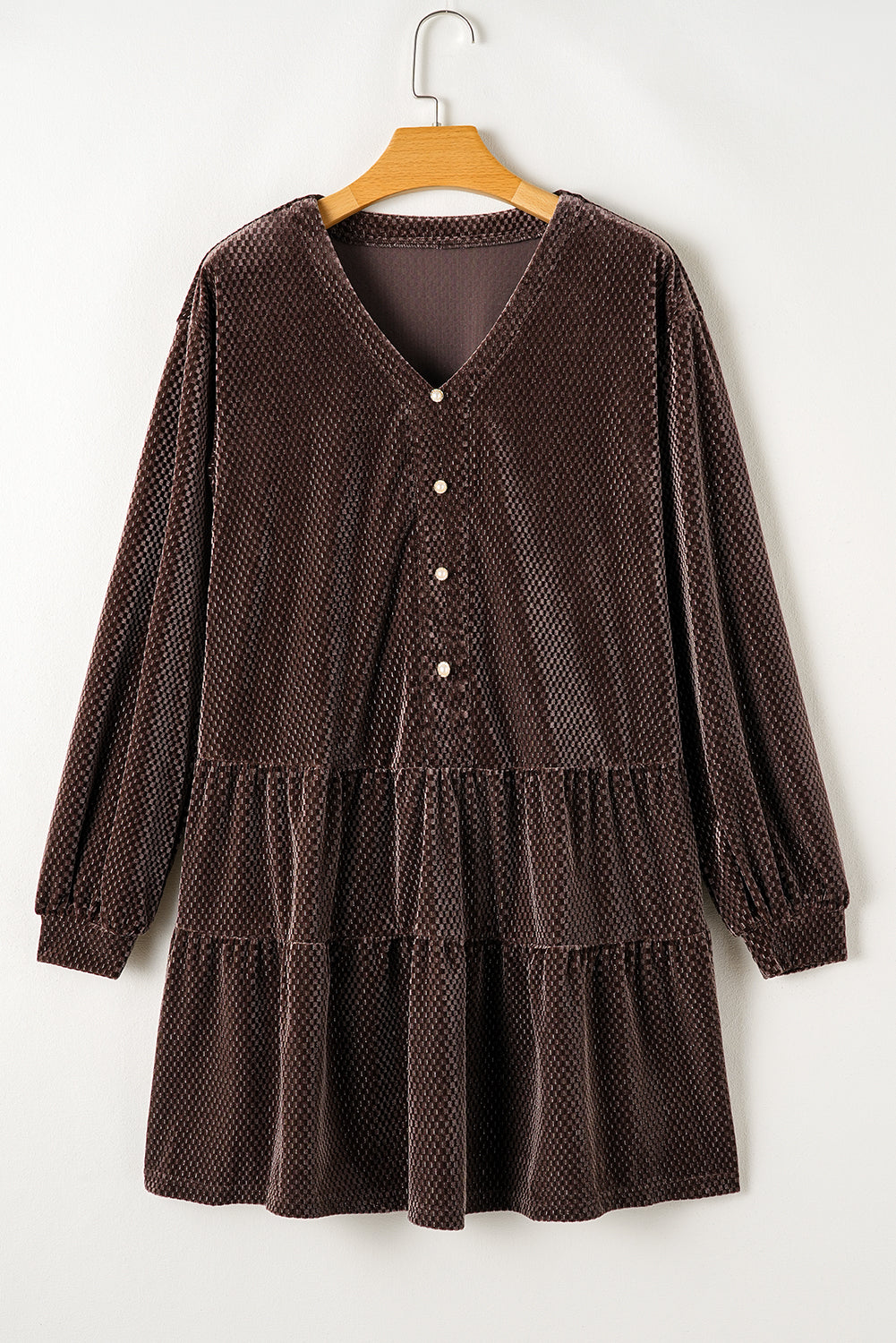 Dark Brown Textured Velvet V Neck Shift Dress Mini Dresses JT's Designer Fashion