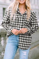 Black Plaid Print Chest Pockets Buttoned Tunic Shacket Plaid Shackets JT's Designer Fashion