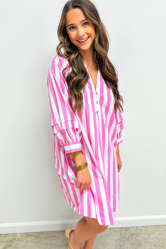 Rose Stripe Bracelet Sleeve Buttons Loose Mini Dress Mini Dresses JT's Designer Fashion