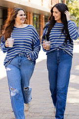Sky Blue Stripe Drop Shoulder Casual Sweater Sweaters JT's Designer Fashion