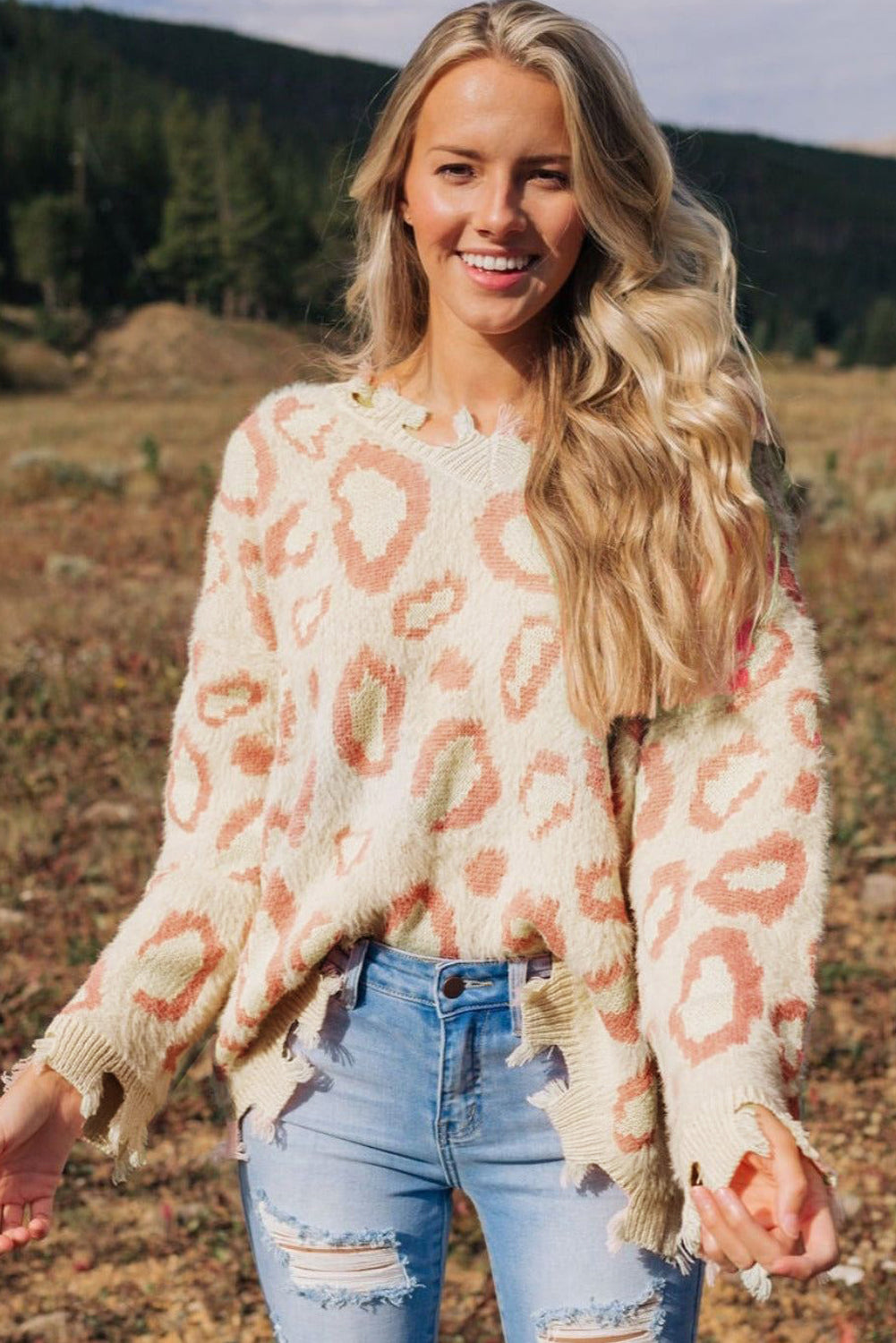 Leopard Animal Print Distressed Trim Fuzzy Sweater Sweaters & Cardigans JT's Designer Fashion