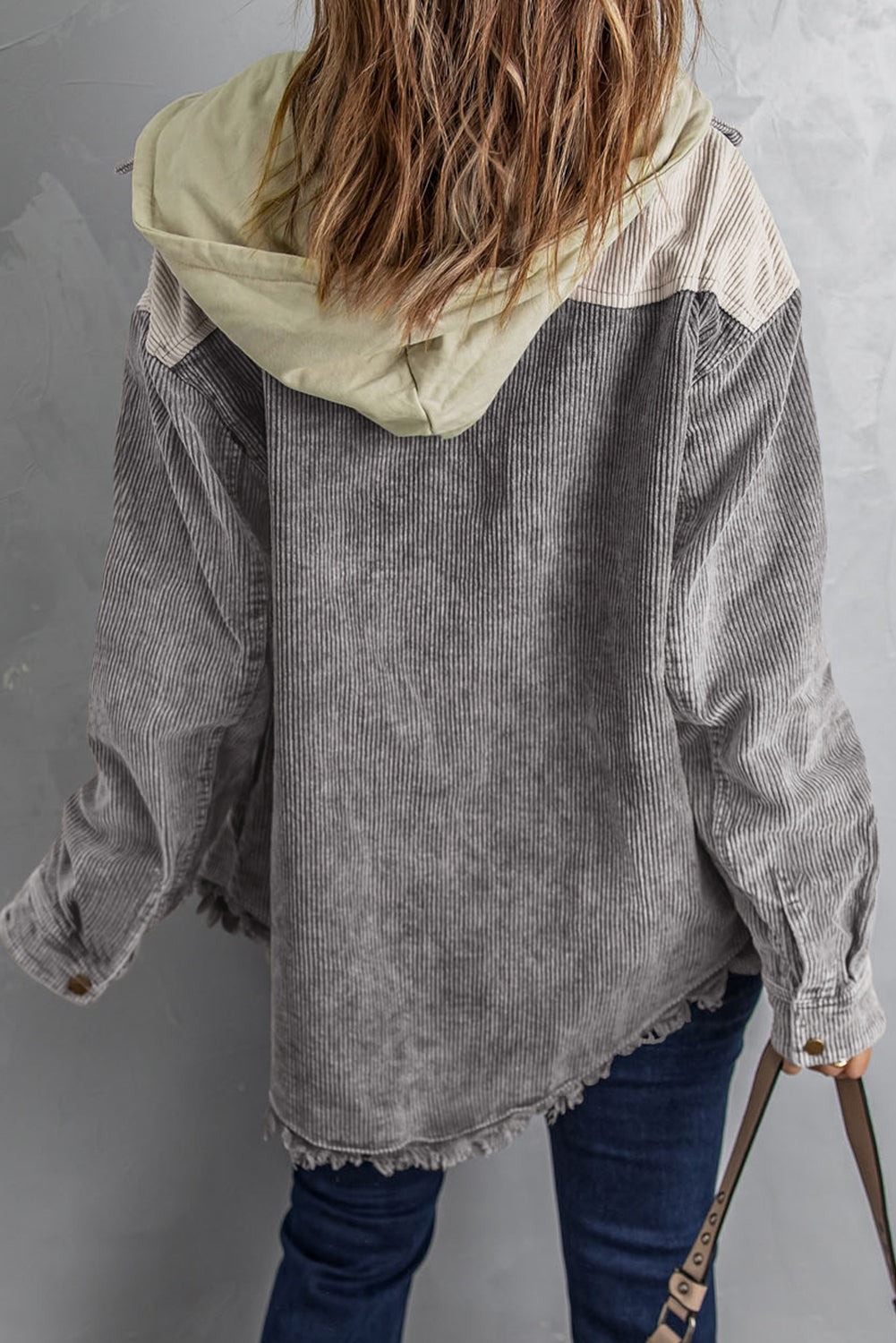 Gray Color Block Button Down Hooded Corduroy Jacket Jackets JT's Designer Fashion