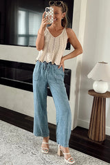 Myosotis Mineral Wash Drawstring Elastic Waistband Loose Straight Denim Pants Jeans JT's Designer Fashion