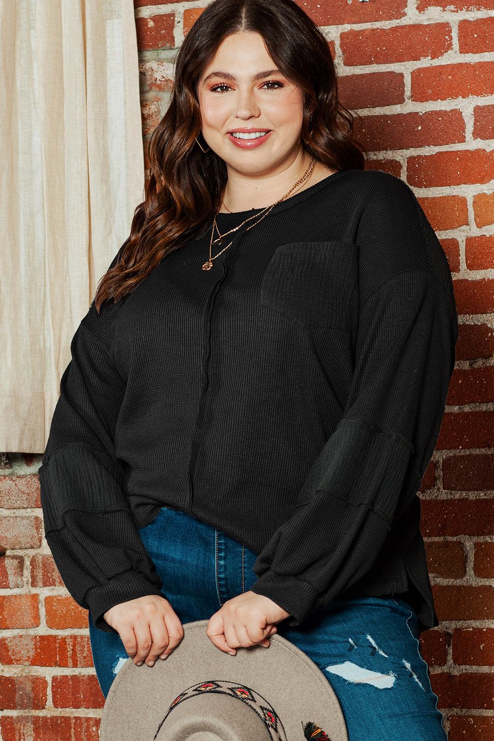 Black Pink Distressed Crinkle Patchwork Plus Size Top Black Knit Plus Size JT's Designer Fashion