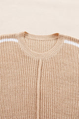Light French Beige Contrast Striped 3/4 Sleeve Crew Neck Sweater Sweaters JT's Designer Fashion