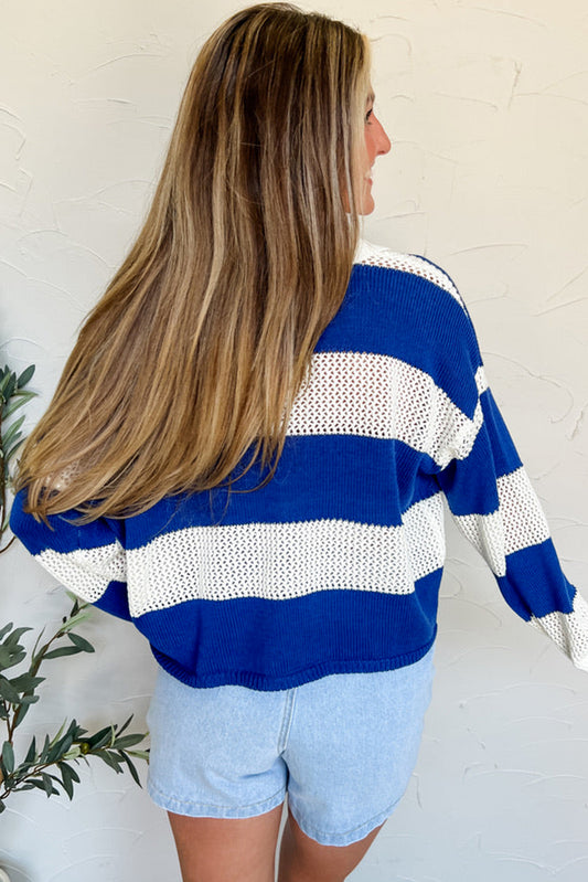 Blue Stripe Colorblock Polo Collar Eyelet Crochet Knitted Sweater Sweaters JT's Designer Fashion