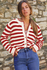 Red Stripe Chic Golden Button Cardigan Sweater Cardigans JT's Designer Fashion