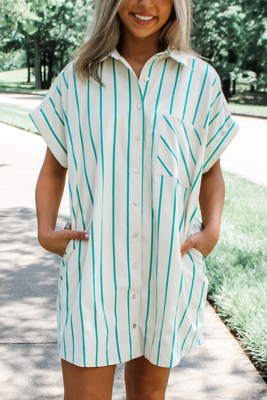 Mint Green St Patricks Striped Wide Short Sleeve Shift Mini Shirt Dress Mini Dresses JT's Designer Fashion