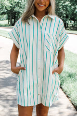 Mint Green St Patricks Striped Wide Short Sleeve Shift Mini Shirt Dress Mini Dresses JT's Designer Fashion