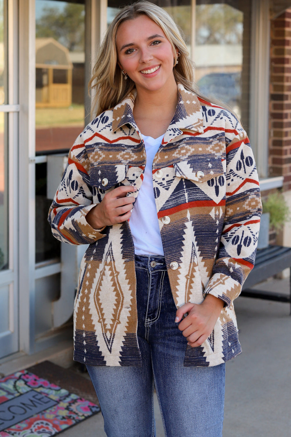 Multicolor Aztec Print Button-Up Oversized Jacket Multicolor 100%Polyester Jackets JT's Designer Fashion