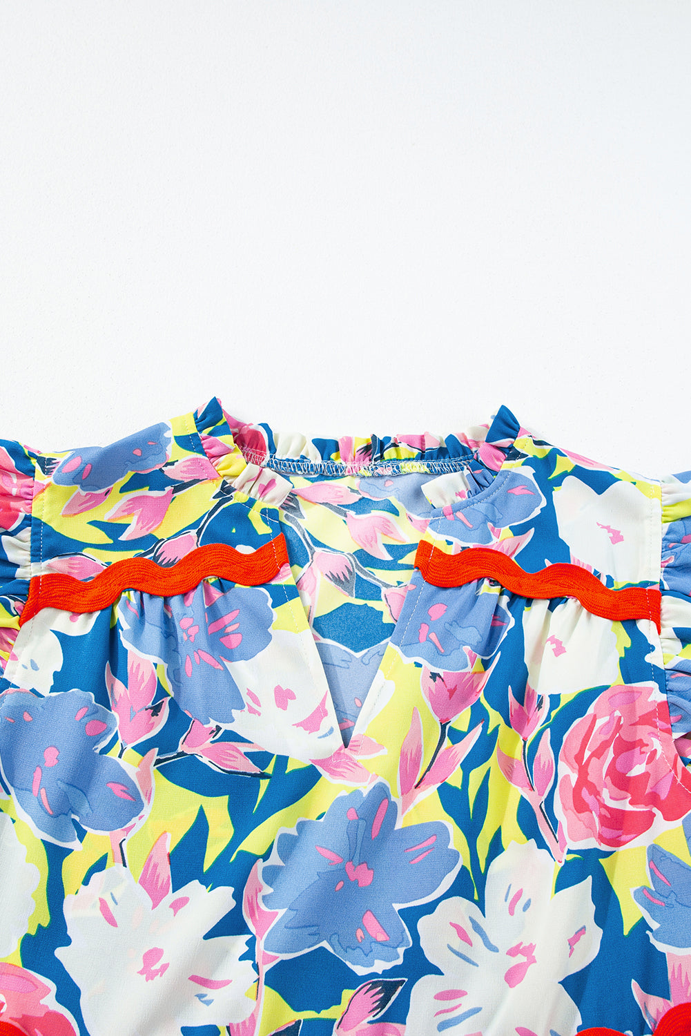 Sky Blue Floral Printed V Notched Ric Rac Flutter Sleeve Dress Floral Dresses JT's Designer Fashion