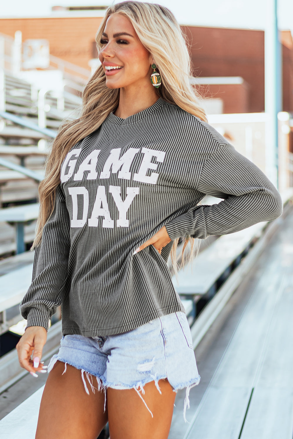 Dark Grey Corded GAME DAY Graphic Long Sleeve Crewneck Top Long Sleeve Tops JT's Designer Fashion
