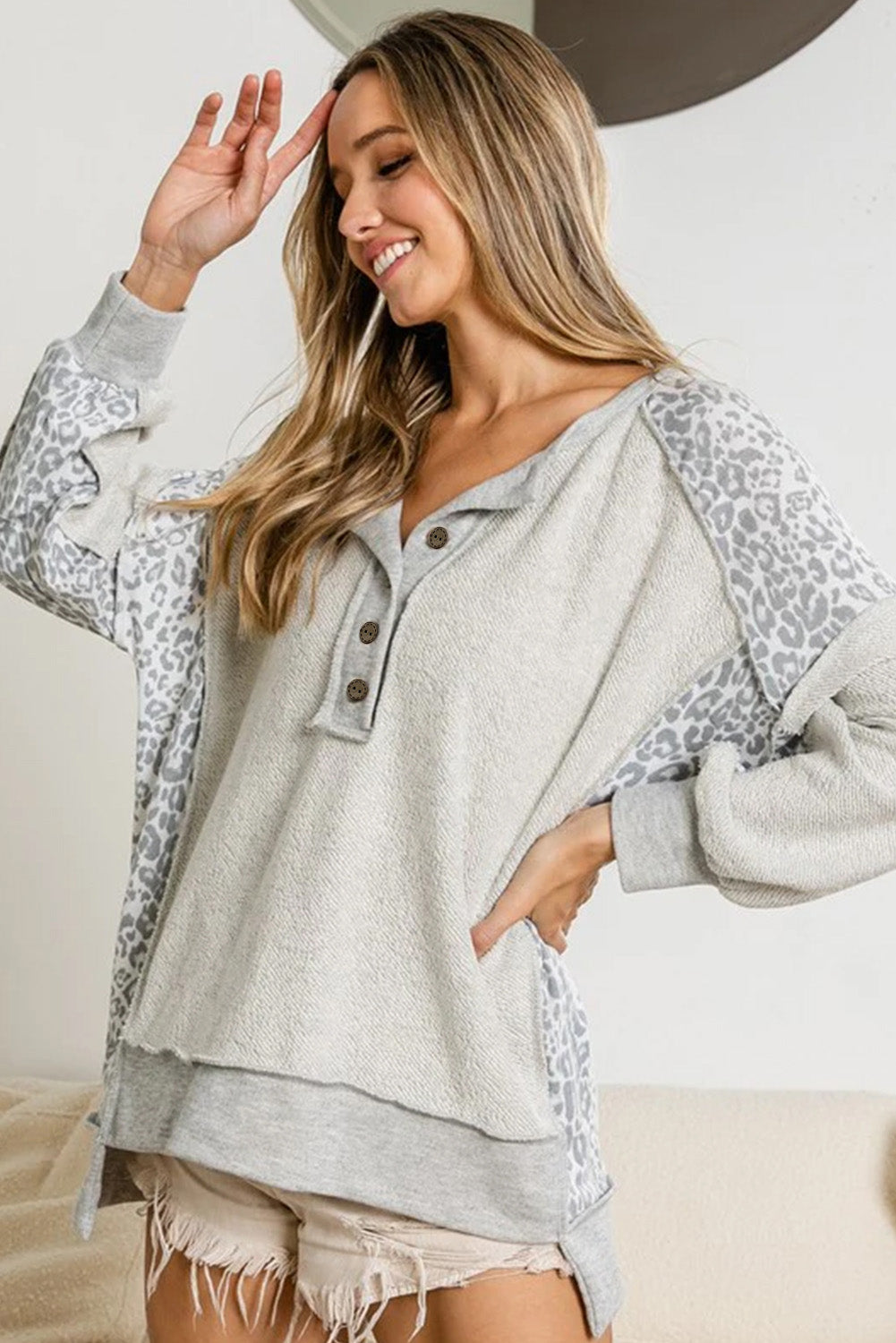 Gray Leopard Patchwork Exposed Seam Buttoned Neck Sweatshirt Sweatshirts & Hoodies JT's Designer Fashion