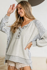 Gray Leopard Patchwork Exposed Seam Buttoned Neck Sweatshirt Sweatshirts & Hoodies JT's Designer Fashion