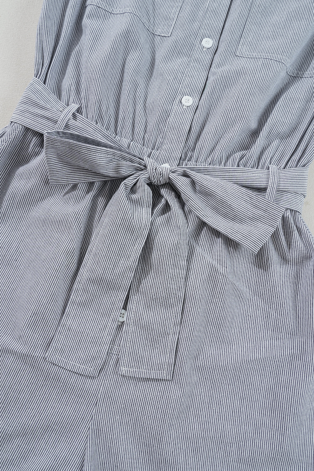 Blue Stripe Chest Pockets Buttoned Belted High Waist Romper Jumpsuits & Rompers JT's Designer Fashion