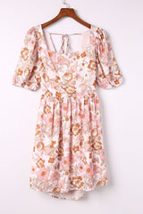 White Floral Print Bow Knot Backless Square Neck Mini Dress Floral Dresses JT's Designer Fashion
