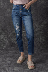 Blue Distressed Button Fly High Waist Skinny Jeans Jeans JT's Designer Fashion