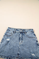 Dusk Blue Rhinestone Distressed Denim High Waist Mini Skirt Skirts & Petticoat JT's Designer Fashion