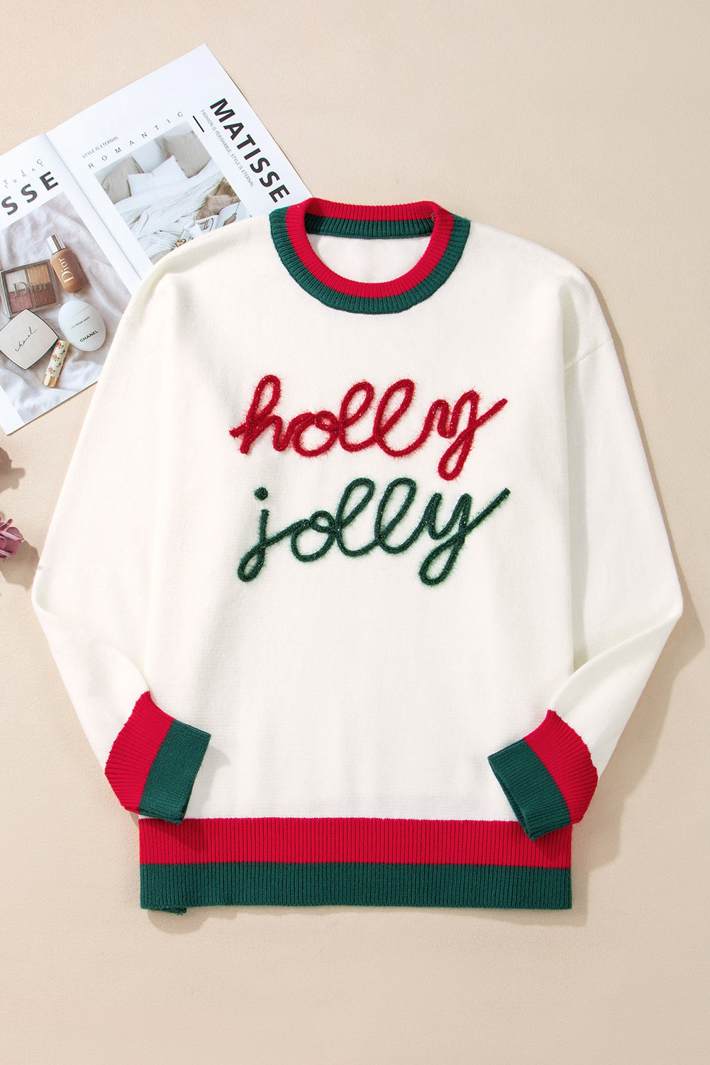 White Tinsel holly jolly Pattern Colorblock Edge Drop Shoulder Plus Size Sweater Plus Size Sweaters & Cardigans JT's Designer Fashion