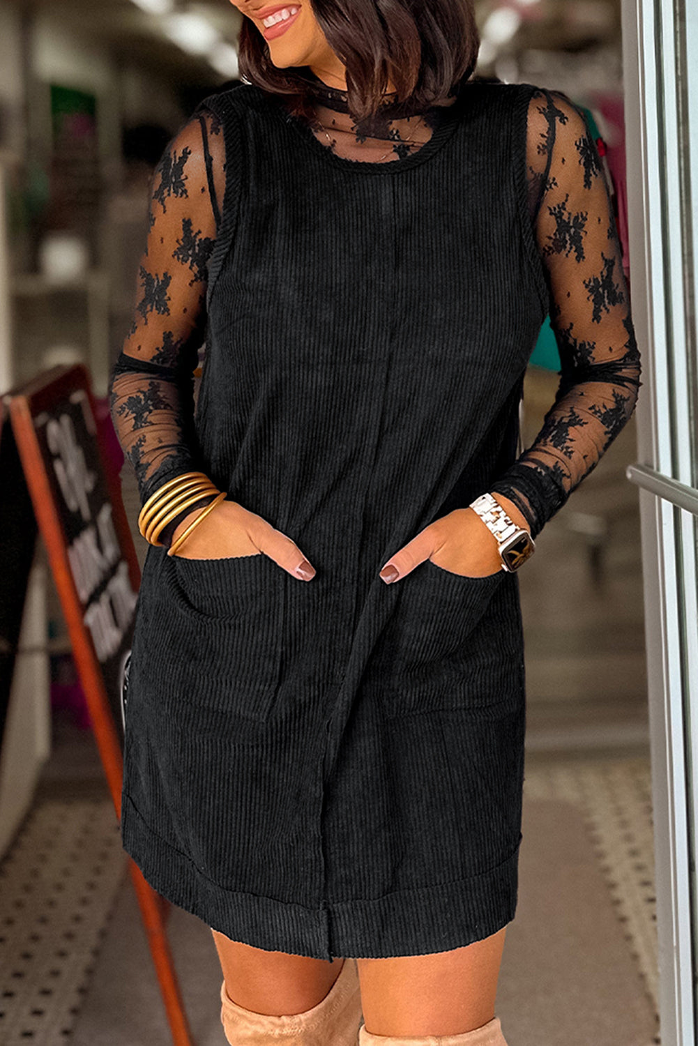 Black Corduroy Sleeveless Mini Dress With Patched Pockets Black 100%Polyester Mini Dresses JT's Designer Fashion