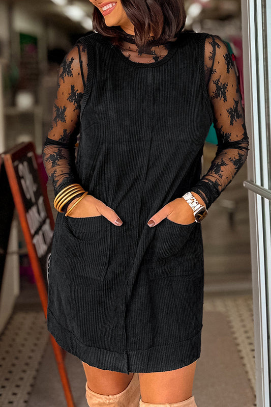 Black Corduroy Sleeveless Mini Dress With Patched Pockets Black 100%Polyester Mini Dresses JT's Designer Fashion