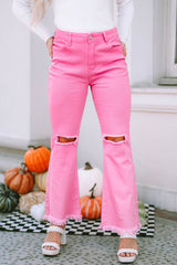 Pink Vintage High Waist Flare Leg Ripped Raw Hem Jeans Jeans JT's Designer Fashion