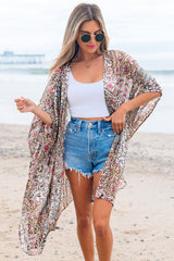 Apricot Floral Print Short Wide Sleeve Open Front Loose Kimono Apricot ONE SIZE 100%Polyester Kimonos JT's Designer Fashion
