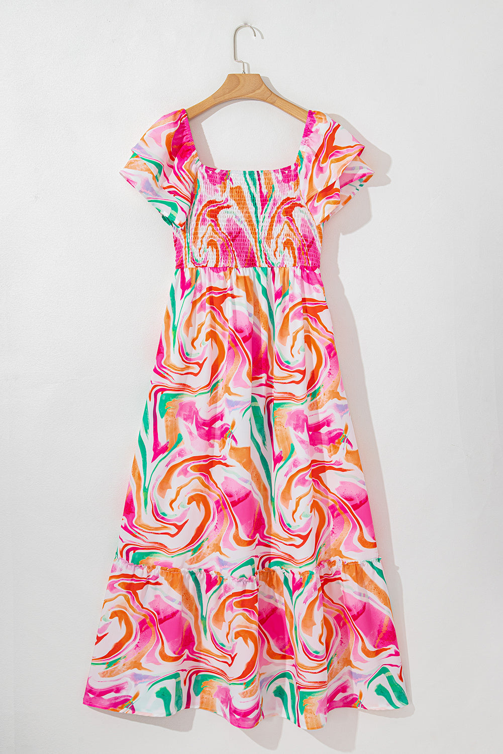 Pink Abstract Print Ruffled Sleeve Smocked Bust Long Dress Maxi Dresses JT's Designer Fashion