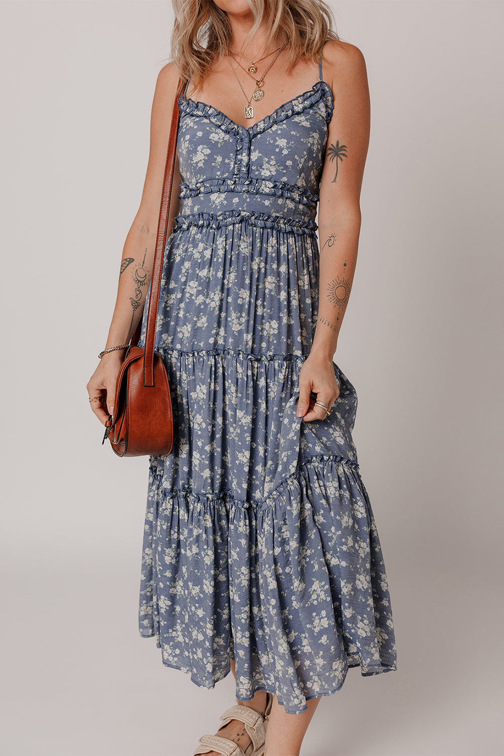 Blue Floral Spaghetti Strap Frilled V Neck Tiered Midi Dress Midi Dresses JT's Designer Fashion