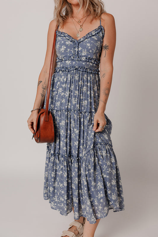 Blue Floral Spaghetti Strap Frilled V Neck Tiered Midi Dress Midi Dresses JT's Designer Fashion