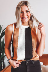Khaki Stripe Color Block Sleeveless Knitted Sweater Sweaters & Cardigans JT's Designer Fashion