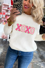 White XOXO Glitter Print Round Neck Casual Sweater Sweaters JT's Designer Fashion