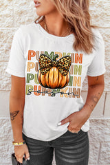 White PUMPKIN Season Leopard Bow Print Crew Neck T Shirt Graphic Tees JT's Designer Fashion