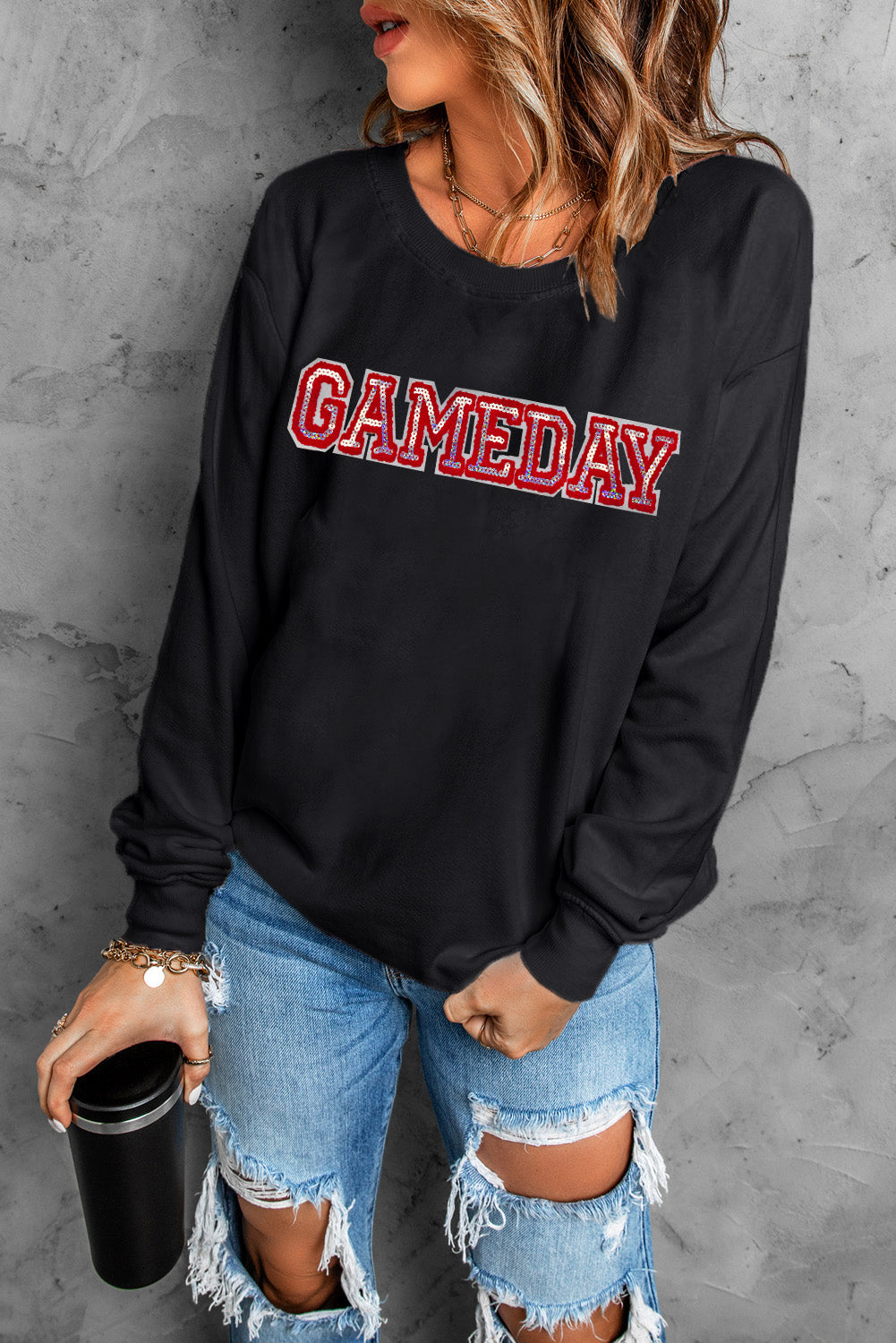 Black Sequined GAME DAY Rugby Football Season Sweatshirt Graphic Sweatshirts JT's Designer Fashion