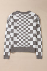 Gray Checkered Print Drop Shoulder Round Neck Sweater Sweaters JT's Designer Fashion