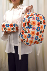 Khaki Flower Print Corduroy Backpack with Matching Pouch Backpacks JT's Designer Fashion