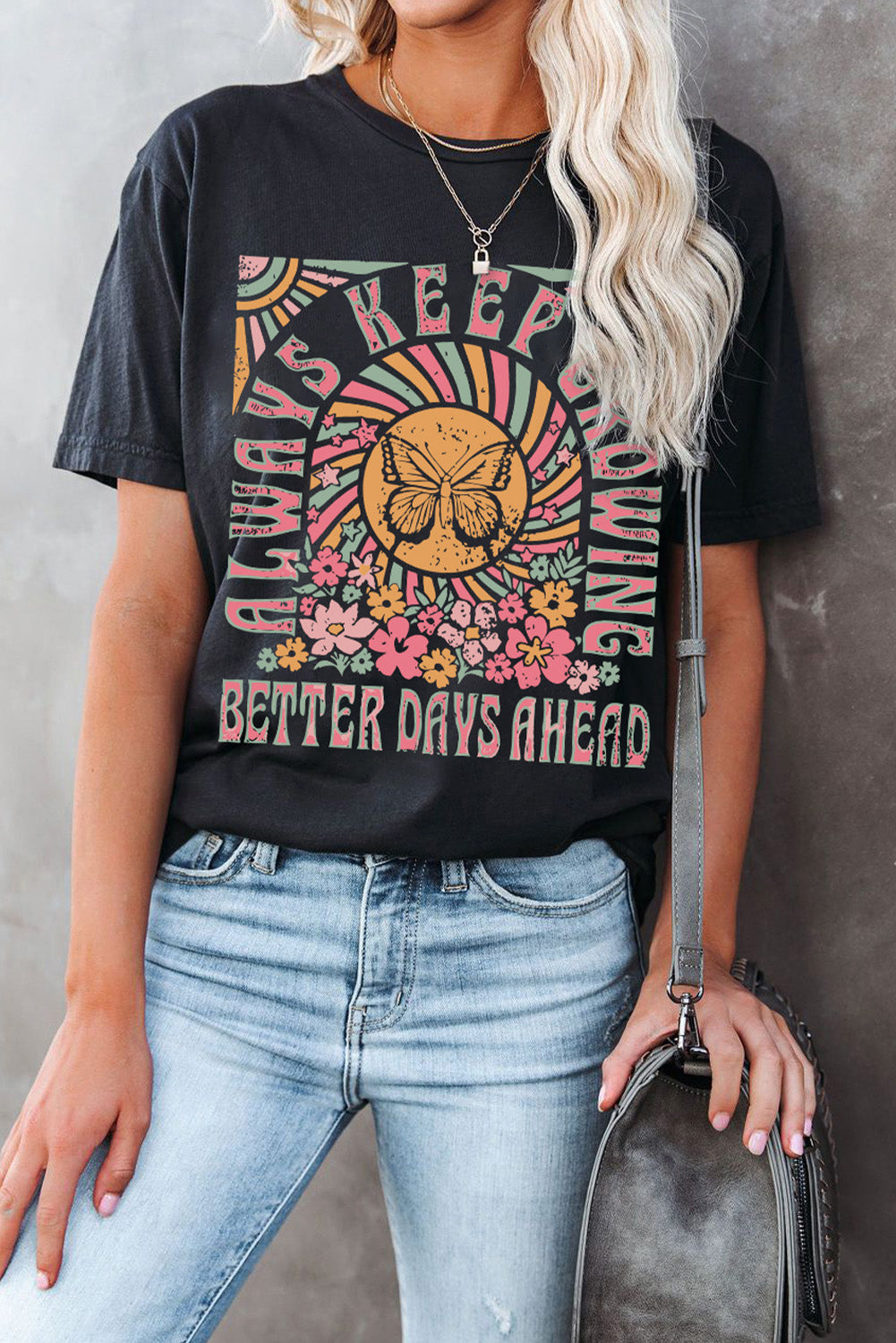 Black Always Keep Growing Butterfly Flower Crewneck Graphic Tee Graphic Tees JT's Designer Fashion