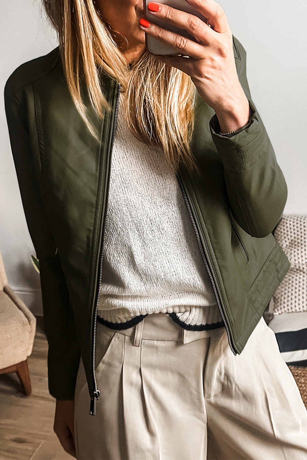 Sage Green Solid Faux Leather Zipper Slim Fit Bomber Jacket Sage Green Shell:100%PU;Lining:100%Polyester Jackets JT's Designer Fashion
