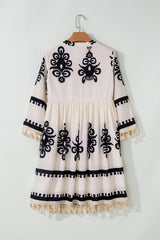 Beige Western Pattern Print Tasseled Notch V Neck Mini Dress Mini Dresses JT's Designer Fashion